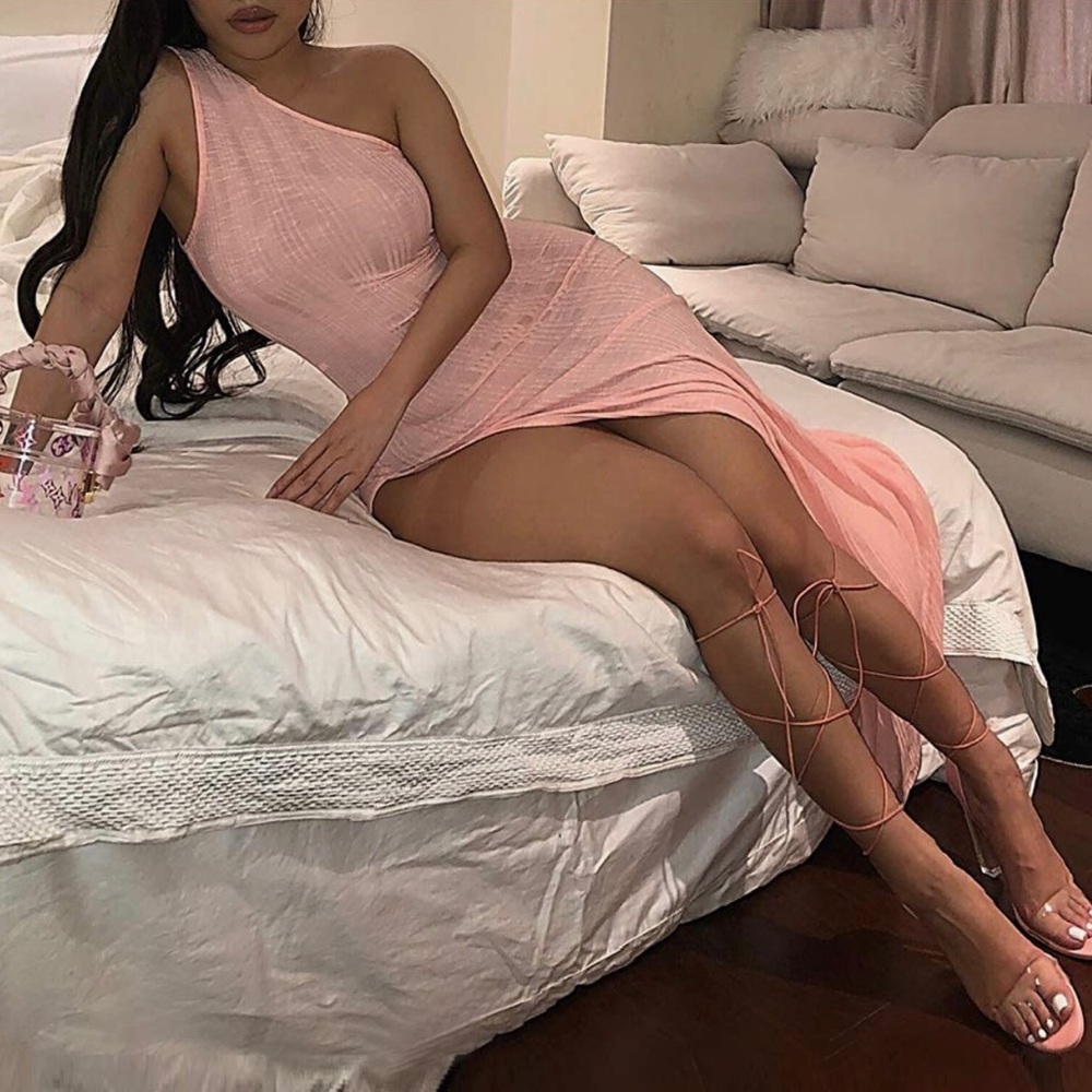 ✨Brand New Fitted One Shoulder Maxi Dress with Slit, Pink✨